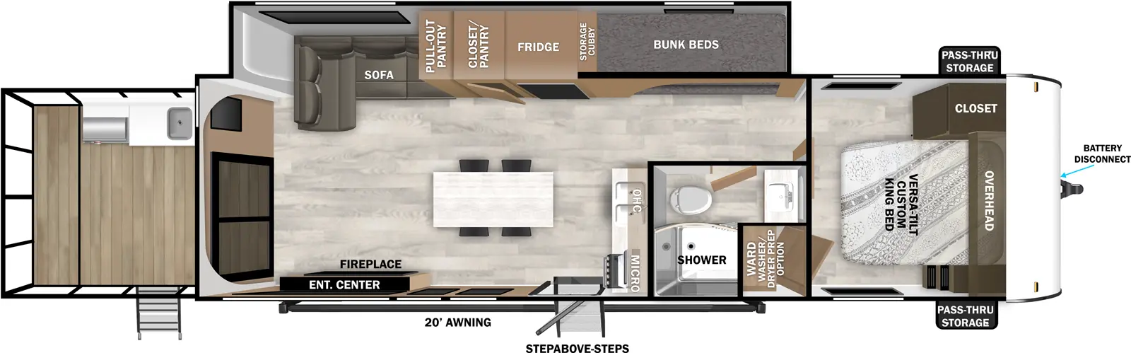 The Wildwood 34VERANDA floorplan has two entries and one slide out. Exterior features include: metal or fiberglass exterior, 20' awning and outside kitchen. Interiors features include: kitchen island and front bedroom.